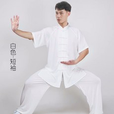 高彈牛奶絲太極服 夏季舒適晨練武術服, 短袖本白色,M