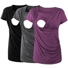 Ecavus 3피스 여성용 임산부 수유 상의 모유 수유용 반소매 사이드 주름 셔츠 01-블랙/브라운/오렌지 핑크 XXL 186159, Large, 04-블랙/다크 그레이/헤더 퍼플