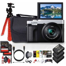 파나소닉 ZS99 포인트 앤 슛 컴팩트 여행 디지털 카메라 실버 DC-ZS99S 사진 소프트웨어 64GB 메모리 카드 2개 DMW-BLG10 배터리 가방 유연한 삼각대 기타, Silver
