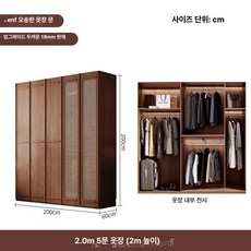 라탄 미닫이 수납형 드레스룸 이불장 수납 원룸 장농, 200x200 5도어 옷장 (라탄 짜임 문)