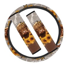 STUOARTE 3피스 Highland 소 프린트 자동차 핸들 커버 및 안전 벨트 패드 세트 여성 및 남성용 해바라기 나비 프린트 자동 스티어링 휠 프로텍터 안전벨트 패드, 브라운 - 하이랜드 소 해바라기 나비