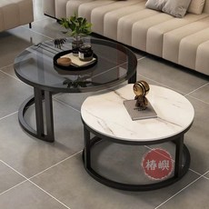 椿嶼 巖闆茶幾 客廳家用小戶型輕奢現代圓形簡約網紅小茶臺桌子, 工廠直發【黑架】黑玻璃+阿尼瑪灰,【加粗鋼管】50+70, 1個
