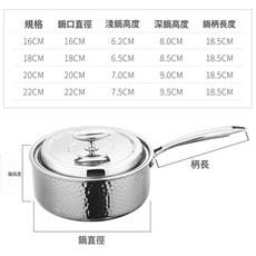 現貨金錘紋雪平鍋加厚款不鏽鋼長柄加厚奶鍋速熱鍋體泡麪鍋小湯鍋, 1個, 深款-16cm【銀色單柄】:如圖所示