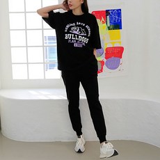 SOON2DLE 女款鬥牛犬印花短袖T恤+長褲運動套裝