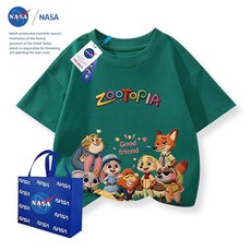 주토피아 캐릭터 빈팔 티셔츠 맨투맨 라운드 순면 면티 키즈 초등학생 봄 여름 동물 프린트, TTZ0846 딥그린