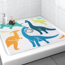 정사각형 샤워 매트 Yonala 61 x 61cm(24 x 24인치) 세련된 미끄럼 방지 샤워 매트 중앙 배수 구멍이 있는 내부 샤워용 부드럽고 다듬을 수 있는 PVC 수, 만화 공룡