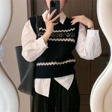 가을 대학 스타일 디자인 감각의 외출복 레이어드 가능한 다용도 니트 상의 복고풍 스트라이프 스웨터 조끼 여성용