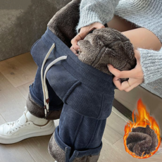 NUNUHANA 여성 방한 밴딩 기모 와이드 팬츠 캐주얼 스트레이트 바지