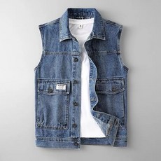 ROYALBELLE 남성 데님 포켓 캐주얼 루즈핏 데일리 심플 스트릿 레이어드 청 조끼 B0090809