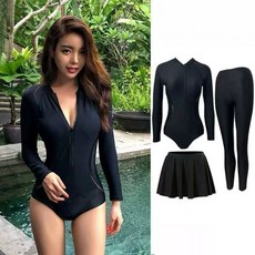 女生泳衣新款連體潛水服：長袖長褲防曬速乾顯瘦衝浪浮潛漂流游泳衣, 裙褲,XL