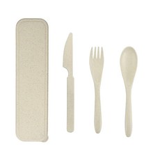 3 Pack Wheat Straw Utensil Set Reusable with Case Portable Camping Travel Utensils Fork Spoon Kn, 베이지