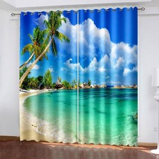 리르진 블랙아웃 아이렛 커튼 96인치 길이 열 차단 커튼 드레이프 바다 하늘과 코코넛 야자수 풍경 커튼 거실 및 침실 창문용 블루 그린