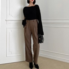 Tteugaejin 女款內鬆緊帶壓褶加厚直筒Beonecheu長褲