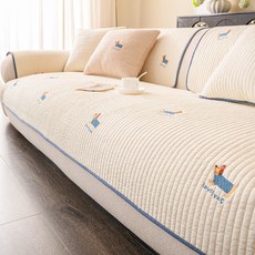 奶油色風水洗棉卡通小狗刺繡沙發墊 四季通用防滑布藝蓋布巾, 小藍狗 一 白色, 1