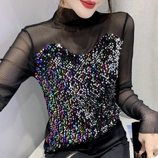 모네르 라인댄스 상의 라인댄스복 스팽글시스루 의상 옷, 실버