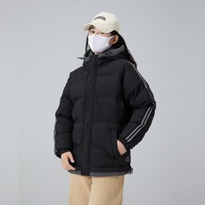 情侶款連帽羽絨服 - 黑色米白保暖短款棉服外套