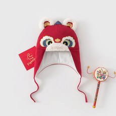 嬰兒虎頭帽秋冬季夾棉保暖胎帽寶寶過年拜年新年紅獅子護耳帽子