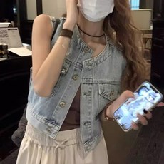 리빙릿 여름 데님 자켓 민소매 노카라 청조끼 빈티지 크롭 캐주얼