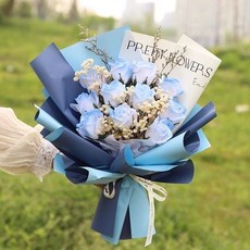 生日禮物玫瑰永生滿天星花束畢業禮物告白情人節禮物, 11朵碎冰藍+禮品袋+燈