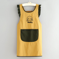 時尚防潑水長袖罩衣 家用廚房圍裙 防塵耐髒 工作服, 背帶防潑水荷葉邊HA女孩-黃