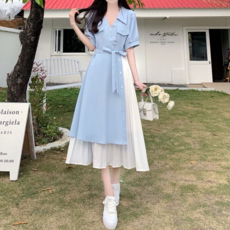 夏季新款 甜美少女設計感假兩件 短袖A字遮肚顯瘦連衣裙