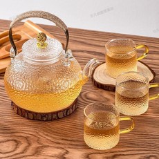 台灣出貨 700ml/900ml耐高溫錘紋玻璃茶壺直火加熱梁壺電陶爐加熱煮茶壺燒水泡茶壺養生壺煮茶器, 金珠平嘴提樑,900毫升, 1個