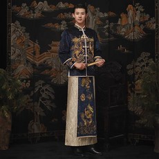 拾光優選好物 藍色秀禾服男士新郎中式禮服2024新款結婚接親敬酒唐裝和服, 1個, 12號男款 【尺寸偏大  請咨詢客服】,M 【136-155左右穿】