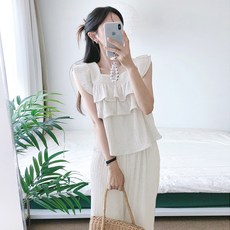 요시아나 [당일발송] 유엘라 캉캉 프릴 나시 탑 롱팬츠 투피스 세트 2컬러