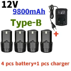 전동 공구 용 100% 오리지널 12V 9800mAh 범용 충전식 배터리 전기 스크루 드라이버 전기 드릴 리튬 이온, 09 4 pcs B.1charger, 1