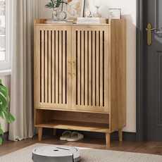 신발장 루버형 2개의 플립 서랍이 있는 신발 보관함 입구용 좁은 황금 손잡이가 독립형 정리함 슬림 신발장 캐비닛(월넛), Natural Wood, Width - 23.6 inches