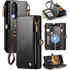 Defencase 삼성 갤럭시 S25 엣지 마그네틱 지갑 케이스 RFID 차단 지퍼 및 카드 홀더가 있는 Magsafe와 호환 PU 가죽 탈착식 폰 6.7인치용 블랙