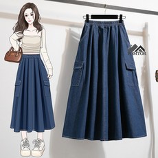 POMTOR 여성 하이웨스트 밴딩 청치마 캐주얼 롱 A라인 데님 스커트