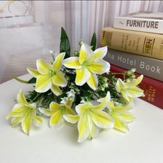 百合花假花花瓶套裝 臺灣出貨 仿真花裝飾擺件, 一束百合黃色（不帶花瓶）