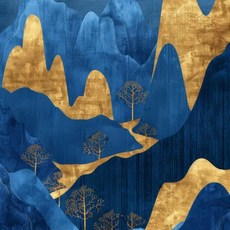 풍경화 블루 마운틴 나무 숲 소나무 사원 금빛 태양 포스터 캔버스 그림 인쇄, 14. 4