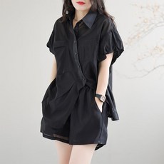 時尚休閒運動套裝女夏款：短袖上衣+褶皺設計，舒適減齡兩件式套裝