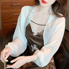 투니스 여성 심플 블라우스 단색 쉬폰 긴소매 숏 숄가디건