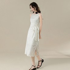 夏季簡約氣質緞面波點收腰顯瘦中長連衣裙, 杏色波點