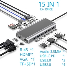 USB C 허브 4K HD 무선 충 멀티 포트 어댑터(PD Type-C 도킹 스테이션 ) in1용 VGA RJ45 TF 카드 리더기, 02 15 In 1