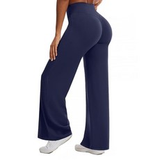 Flamingals 여성용 스트레이트 레깅스 하이 웨이스트 프론트 솔기 없는 히든 스크런치 운동 체육관 바지 81.3cm(32인치) 와이드 레그 요가 팬츠 네이비 블루 S