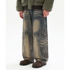 트릴리온 TRILLION 니 벨트 루프 웨이브 워시드 데님 팬츠 머드 베이지