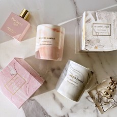 Twinko HM093 質感時尚灰粉大理石紋香氛精油蠟燭 天然大豆蠟 2色, 1個, 單一蠟燭 (無紙袋),G:灰大理石:英國梨與小蒼蘭