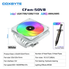 COXBYTE CPU 쿨러 8 히트 파이프 PC RGB 팬 프로세서 히트싱크 워터 쿨링 라디에이터 인텔 2011/1700/155X, 01 CFan50V8 W ARGB
