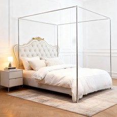 키 캐노피 침대 폴스 스테인리스 스틸 금속 프레임 4 코너 트 브래킷 및 목재 침대퀸 실버에, Queen, Silver