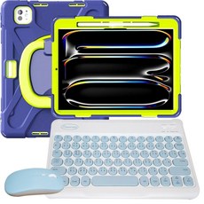 Powerway 適用於2024 iPad Pro 11吋(M4) 圓環型藍牙鍵盤保護殼套組 (含同色無線滑鼠) 輕巧便攜, 藏青黃(藍色鍵帽/藍色滑鼠/藍色包護殼), 尊貴黑(黑色鍵帽/黑色滑鼠/黑色包護殼)、翡翠綠(綠色鍵帽/綠色滑鼠/綠色包護殼)、櫻花粉(粉色鍵帽/粉色滑鼠/粉色包護殼)、藏青黃(藍色鍵帽/藍色滑鼠/藍色包護殼)
