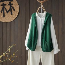 2024鞦季新款連帽針織馬甲背心女寬鬆休閒口袋無袖馬夾外穿上衣