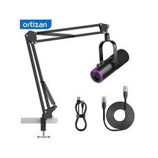 XLR/USB 팟캐스트 마이크 음소거 버튼이 있는 게임용 리버브 효과 소음 제거 붐 암 스탠드 헤드폰 잭, 01 검정색