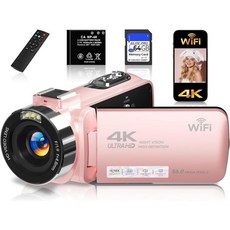4K 비디오 카메라 캠코더 UHD 56메가픽셀 와이파이 브이로그 유튜브용 IR 야간 투시 18배 디지털 줌 3.0인치 터치스크린 64GB 카드 포함 리모컨 웹캠 및 배터리 분홍, Gtonster 핑크