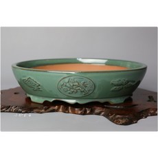 【小樹安每】中國盆缽-綠釉鶴紋橢圓鉢 20cm-宜興陶瓷沙拉碗水果盤, 1個