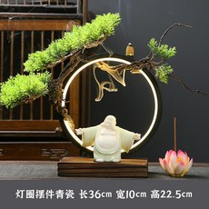 新中式禪意擺件倒流香爐辦公室桌面家居客廳裝飾品彌勒佛大肚笑佛, 燈圈擺件青瓷彌勒佛站立, 1個