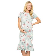 [ 1079205 ] 마이 범프 임산부 미디 드레스 - 딱 맞는 스트레치 반소매 머메이드 플레어 러플 (미국 제조) 아쿠아 스크브